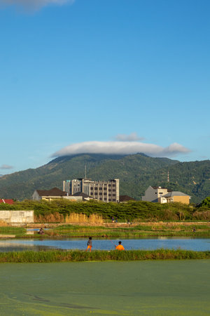Scenic View of Mountain Landscape and Pondの写真素材