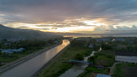 Aerial View of River and Landscape at Sunset