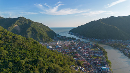Aerial View of Gorontalo, Indonesia with Lush Mountains