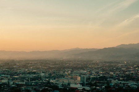 Aerial View of Cityscape at Sunsetの写真素材