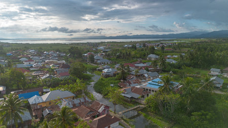 Aerial View of a Coastal Village, Indonesiaの写真素材