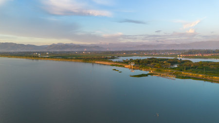 Aerial View of Lake and Landscape in the Morningの写真素材