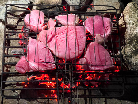 Tuna Steaks Grilling on Open Fireの写真素材