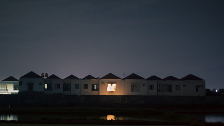 Row of Houses at Night with Lit Windowの写真素材