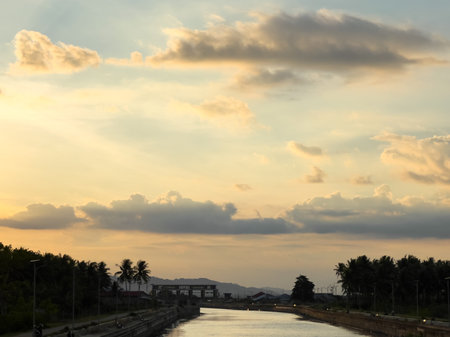 Sunset Sky Over Canal in Southeast Asiaの写真素材