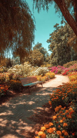 Park Bench Amidst Blooming Flowersの素材