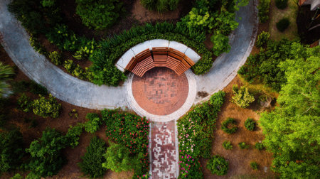 Aerial View of a Curved Park Bench and Walkwayの素材