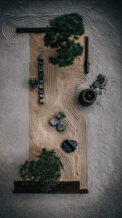 Overhead View of a Serene Japanese Zen Rock Garden with Raked Sand and Bonsaiの素材