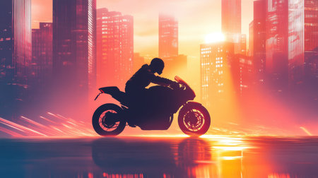 Illustration of Silhouette of a Motorcyclist in Cityscape at Sunsetの素材