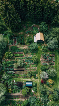 Aerial View of a Lush Green Allotment Gardenの素材