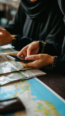 Women Using Smartphone Over Mapの素材