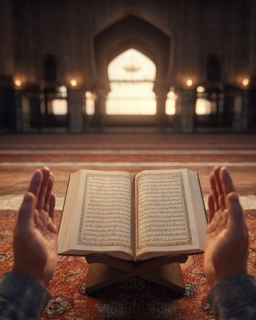 Devotion and Prayer with the Holy Quran in a Mosqueの素材