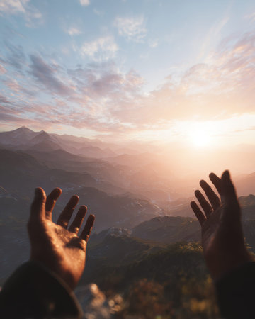 Hands Reaching Towards Sunrise Over Mountainsの素材