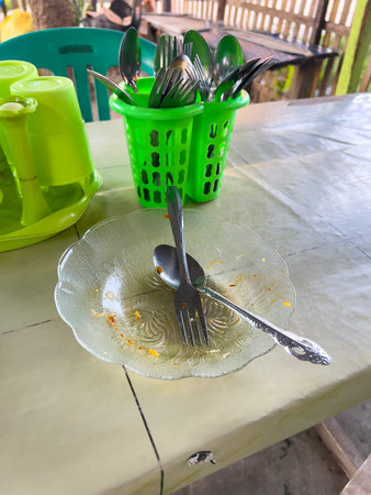 Dirty Plate and Cutlery on Table
