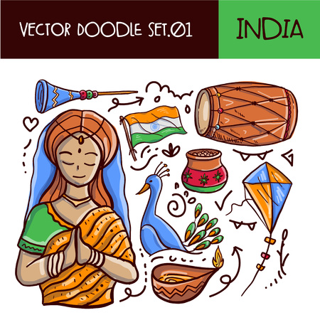 Indian Republic Day Doodle Icon Set. Vector Hand drawn Styleのイラスト素材