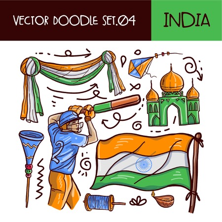 Indian Republic Day Doodle Icon Set. Vector Hand drawn Styleのイラスト素材