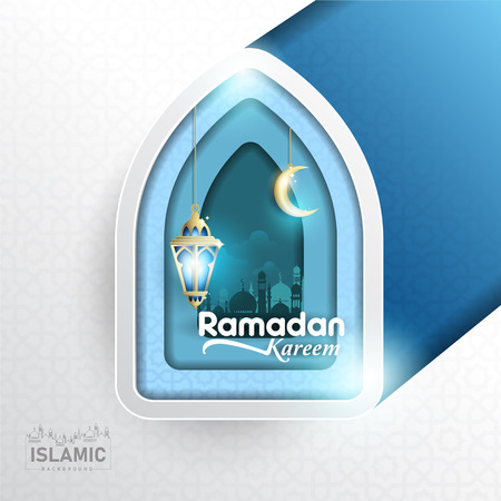 Ramadan Kareem Background paper art or paper cut style with Fanoos lantern, Crescent moon & Mosque Background. For Web banner, greeting card & Promotion template in Ramadan Holidays 2019.のイラスト素材