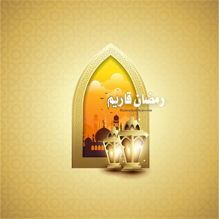 Elegant Design of Ramadan Kareem with Fanoos Lantern, Crescent & Mosque Background in Different Colorのイラスト素材