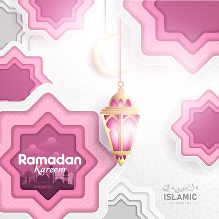 Ramadan Kareem Background paper art or paper cut style with Fanoos lantern, Crescent moon & Mosque Background. For Web banner, greeting card & Promotion template in Ramadan Holidays 2019.のイラスト素材