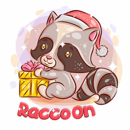 Cute Raccoon Have a Christmas Gift.Colorful Cartoon Illustration. Vector eps.10のイラスト素材