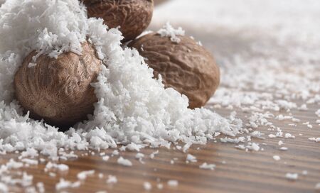 macro coconut on wooden table