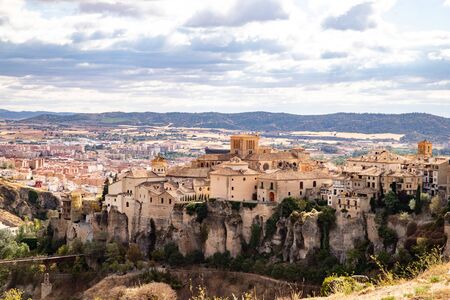 residential buildings on picturesque cliffs in the province of Cuenca Spainの写真素材