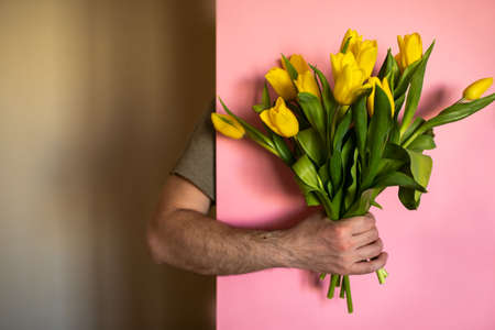 A mans hand holds a bouquet of yellow tulips on a pink background. Unexpected surprise.