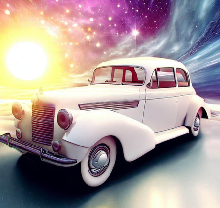 Vintage car on a background of the starry sky. 3d renderの写真素材