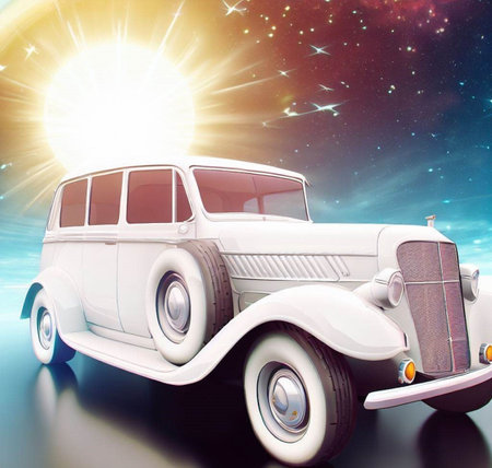 Retro car on a background of the sky with stars and sunの写真素材