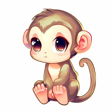 Cute little monkey sitting on white background. Cartoon vector illustration.の素材