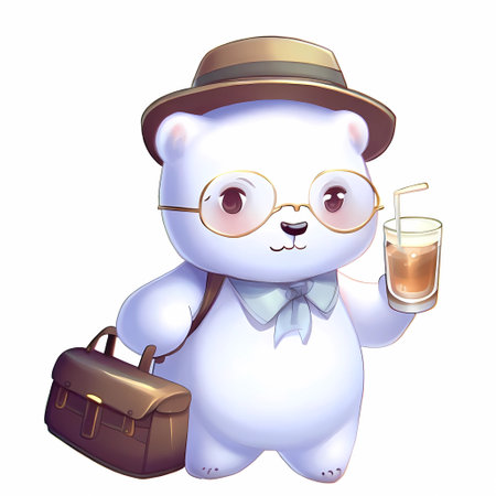 Polar bear with a glass of juice and a suitcase. Vector illustration.の素材