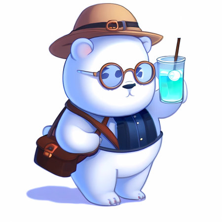 Polar bear in hat and glasses with a glass of blue cocktailの素材
