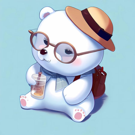 Illustration of a cute white polar bear wearing a hat and glassesの素材