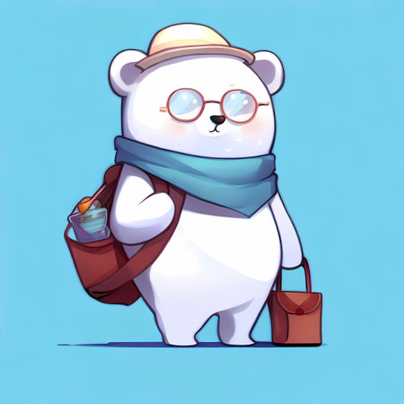 Polar bear in a hat and scarf with a suitcase on a blue backgroundの素材