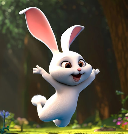 Cute white rabbit jumping in the garden - 3d render illustration , generate by aiの素材