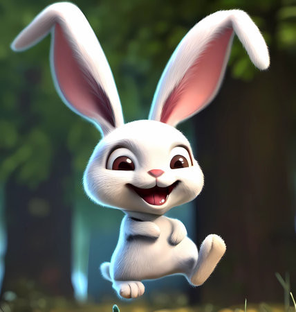 Cute cartoon bunny running in the forest, 3d rendering, generate by aiの素材