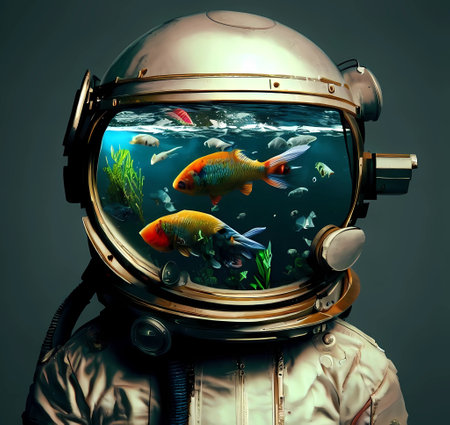 Astronaut with gold fish in the ocean. 3D rendering, generate by ai .の素材
