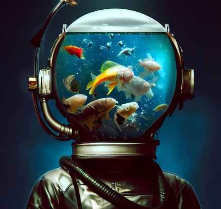 Astronaut in a spacesuit with a big aquarium full of fish, generate by ai .の素材
