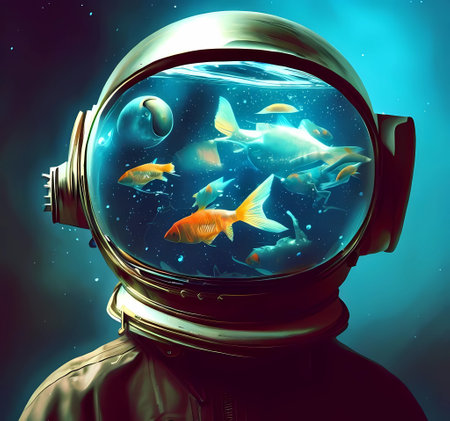 Astronaut with goldfish in the aquarium. 3D rendering, generate by ai .の素材