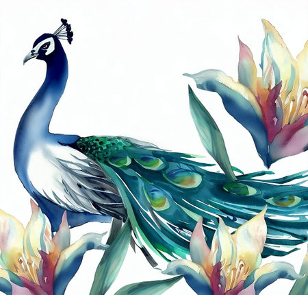 Peacock with flowers, watercolor illustration, isolated on white backgroundの素材