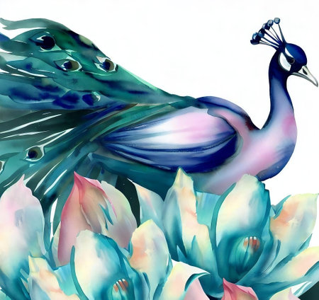 Peacock and flowers, watercolor illustration, isolated on white backgroundの素材