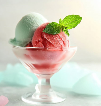 Delicious ice cream in glass bowl on light background, closeupの素材