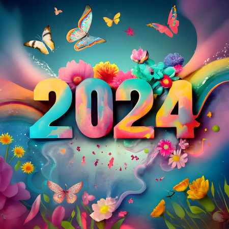 Happy New Year 2024 with flowers and butterflies. Vector Illustration.の素材