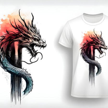 T-shirt print design with dragon. Hand drawn vector illustration.の素材