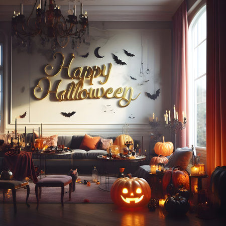 Halloween background with pumpkins, candles and decorations. 3d renderingの素材