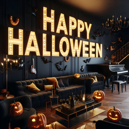 Happy Halloween text on black wall in living room interior, 3D renderingの素材