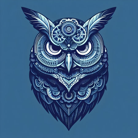 Owl with feathers and gears. Hand drawn illustration on a blue background.の素材