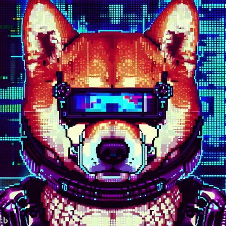 Futuristic pixelated dog in a cyberspace. Vector illustration.の素材