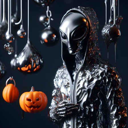 Halloween decoration with pumpkins on dark background. 3d renderingの素材