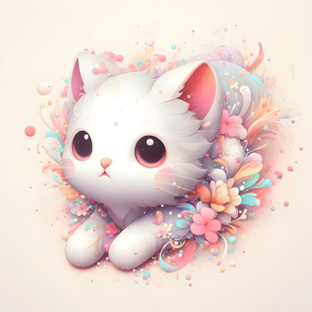 Cute cartoon cat with flowers on white background. Vector illustration.の素材